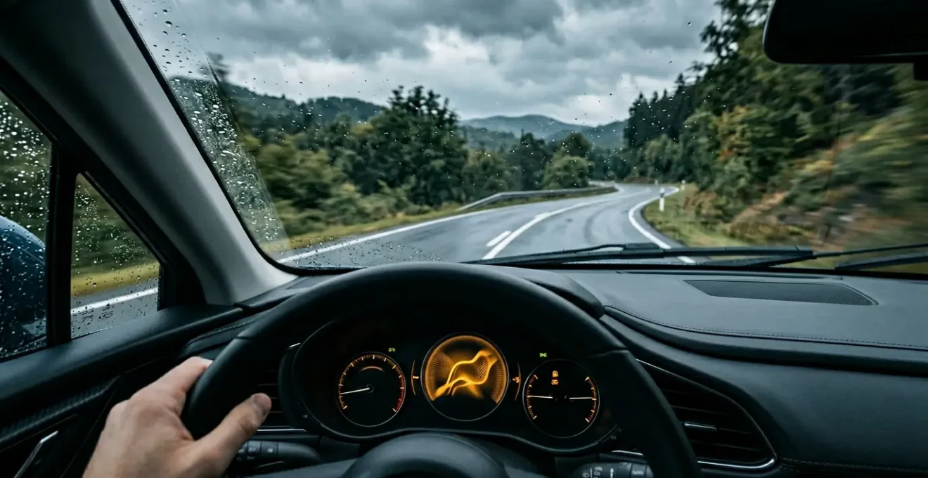 Tableau de bord automobile avec voyant ESP orange illuminé en situation de conduite dynamique