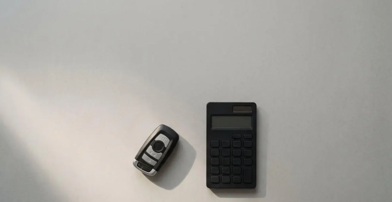Vue aérienne minimaliste de clés de voiture et calculatrice sur surface épurée