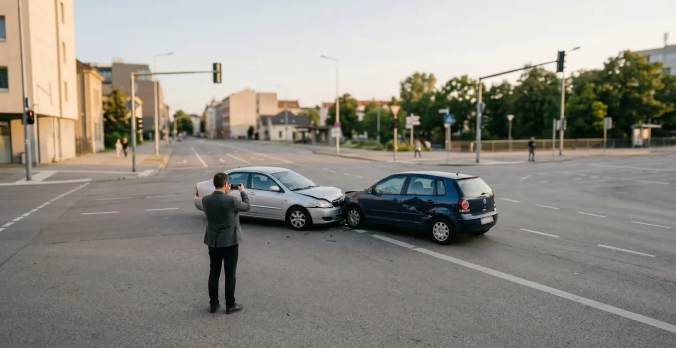 Scène d'accident automobile avec collecte de preuves, illustrant l'importance de la documentation pour un conducteur au tiers