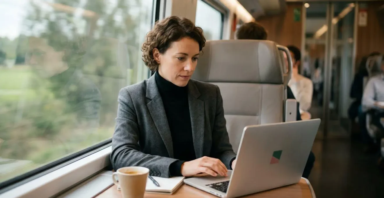 Professionnel travaillant sur ordinateur portable dans un train moderne illustrant la productivité pendant les déplacements professionnels