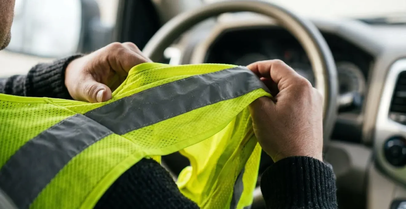 Conducteur à l'intérieur d'un véhicule en train d'enfiler un gilet de haute visibilité avant de sortir