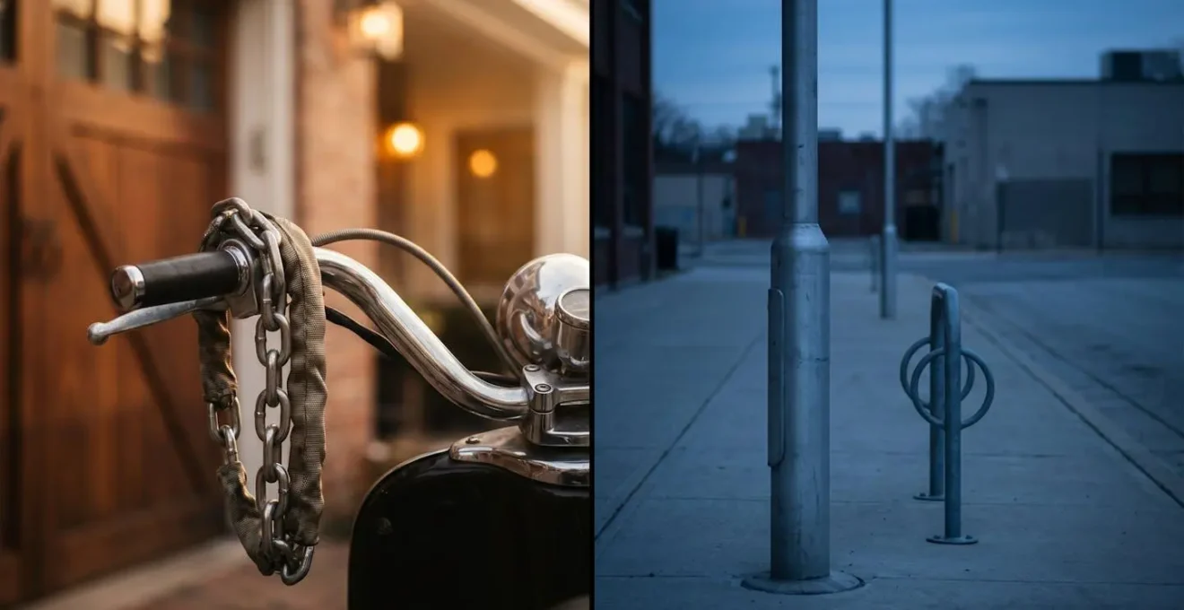 Contraste visuel entre un scooter stationné en sécurité et un environnement urbain exposé