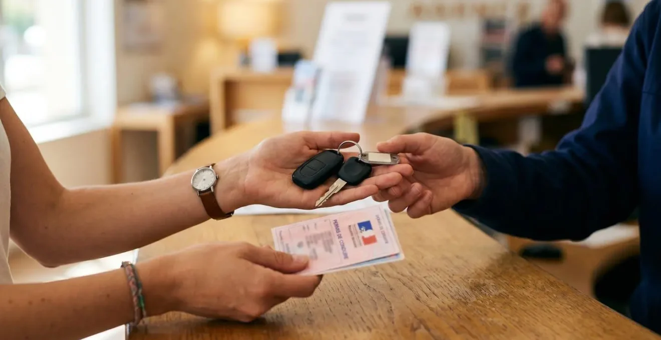 Mains d'un voyageur tenant un permis de conduire et des clés de voiture, évoquant la vérification des documents avant un départ