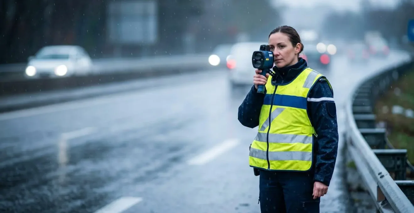 Agent des forces de l'ordre effectuant un contrôle de vitesse sous la pluie