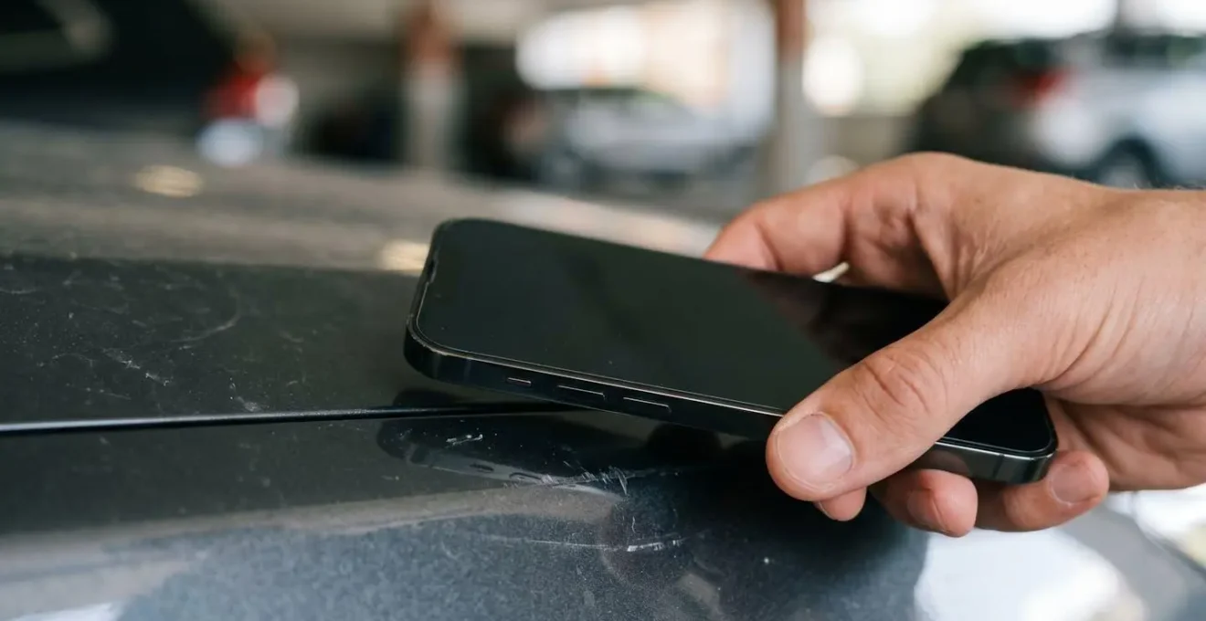 Main tenant un smartphone photographiant des rayures sur carrosserie de voiture