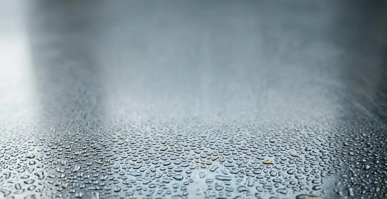 Composition minimaliste montrant gouttes d'huile et condensation sur surface métallique froide symbolisant l'usage sévère urbain