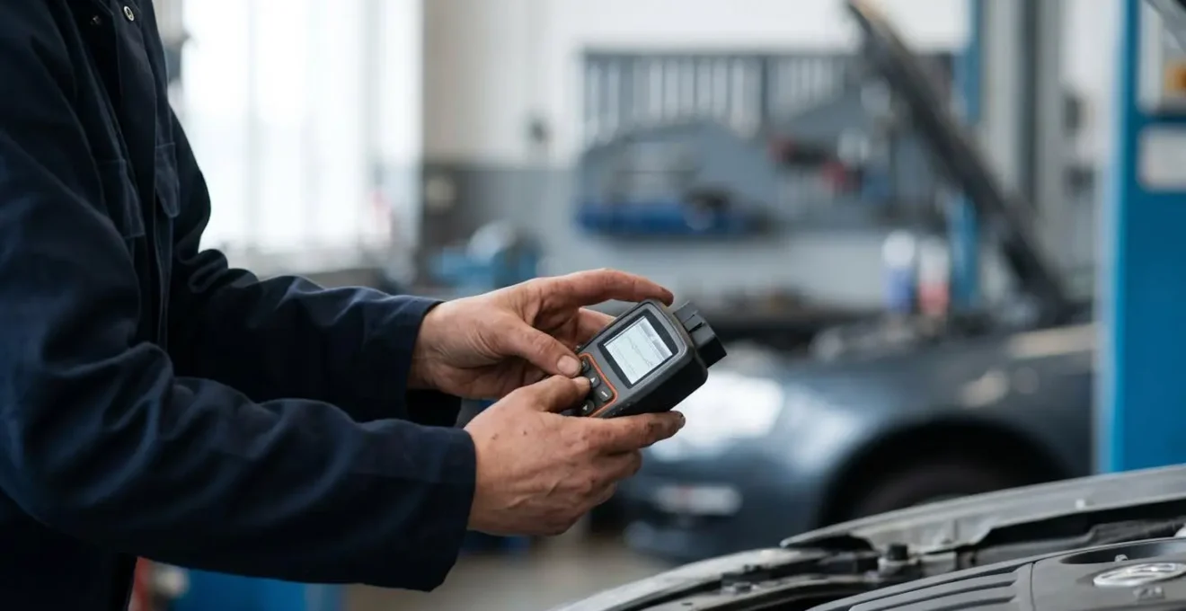Représentation symbolique du diagnostic automobile avec focus sur l'interaction entre composants électroniques et mécaniques du moteur