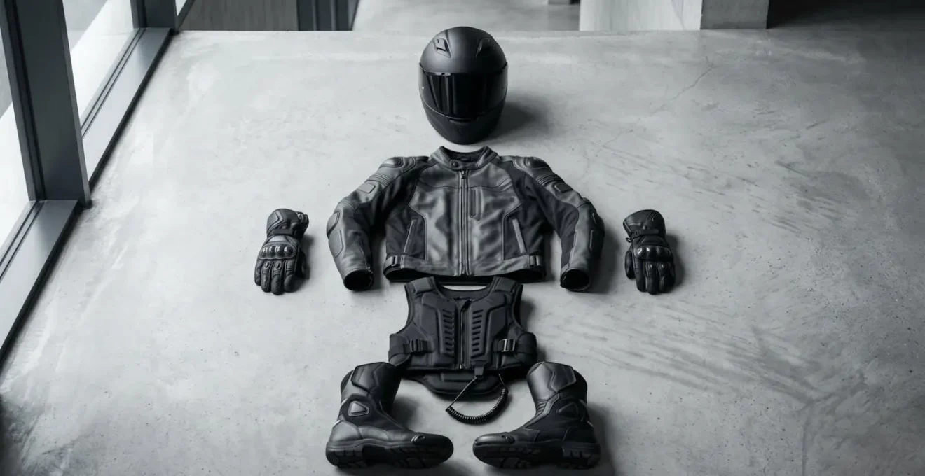 Équipement moto complet disposé de manière esthétique avec casque blouson gants et bottes sur fond neutre