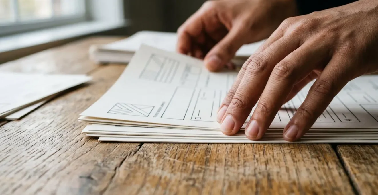 Gros plan sur les mains d'une personne organisant des documents médicaux et administratifs pour préparer une expertise