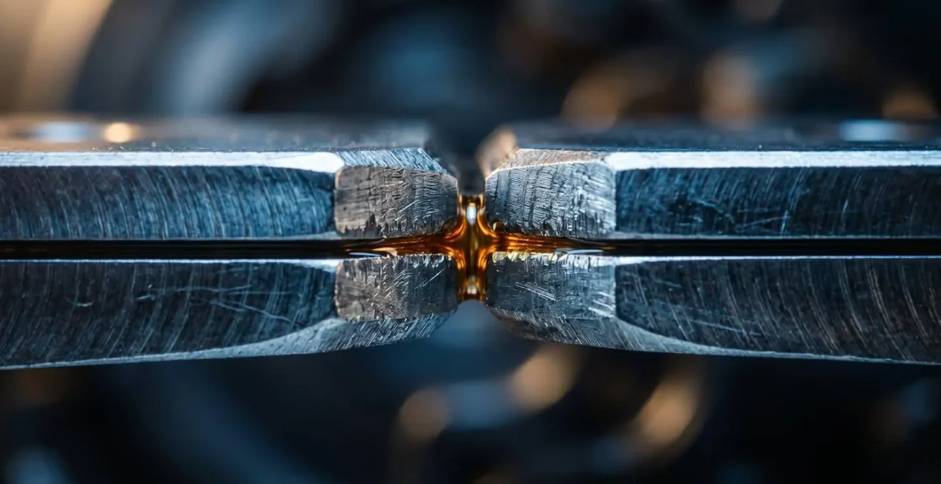 Vue macro abstraite de surfaces métalliques en contact avec film lubrifiant ultra-fin sous éclairage dramatique