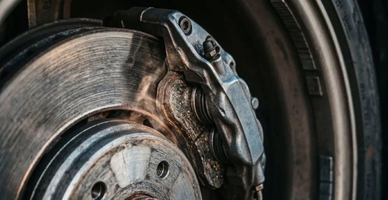 Vue macro sur système de freinage de roue automobile avec disque et étrier en action