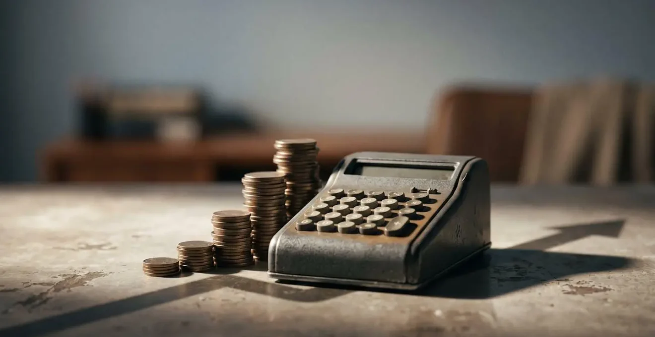 Composition symbolique évoquant le calcul financier et l'accumulation de coûts dans le temps
