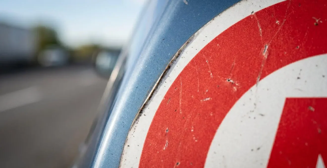 Détail d'un macaron A de jeune conducteur sur véhicule en circulation