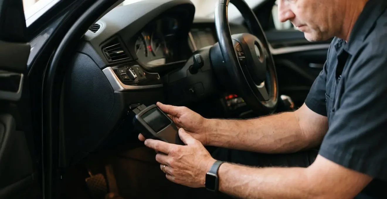Gros plan sur un lecteur de diagnostic OBD2 connecté à une prise de diagnostic automobile avec des mains tenant l'appareil