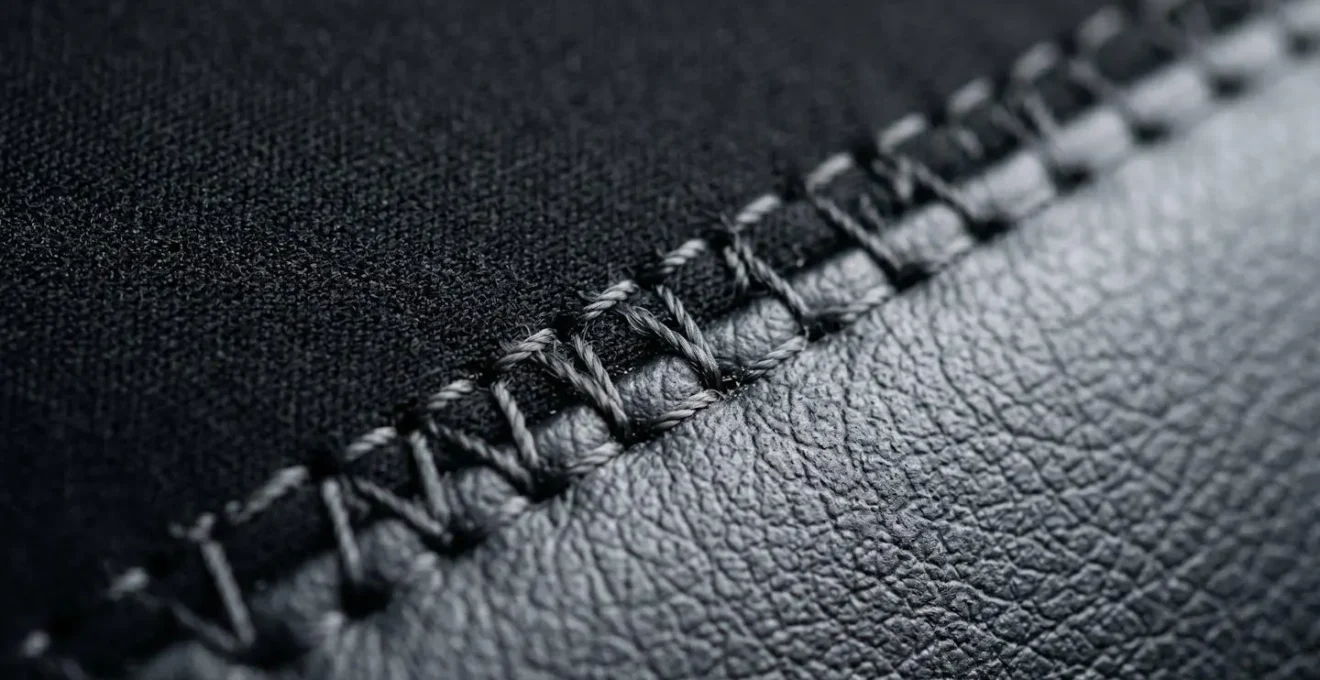 Gros plan extrême sur la couture spéciale fil fusible d'une housse compatible airbag