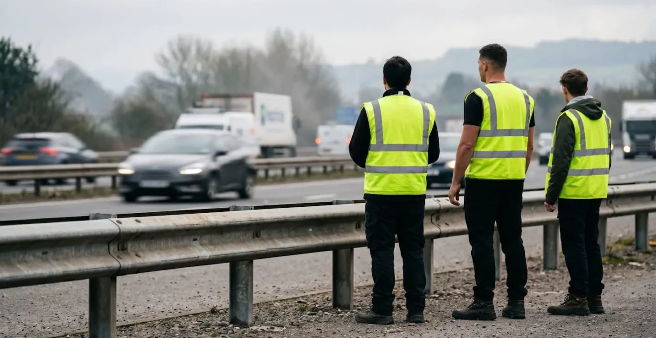 Groupe de personnes en gilets jaunes positionnées en sécurité derrière une glissière de protection autoroutière