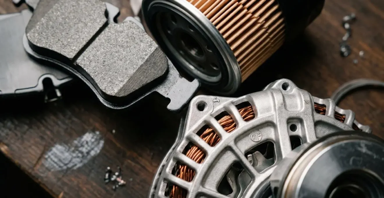 Gros plan sur des pièces automobiles de qualité équipementier disposées sur un établi de garage