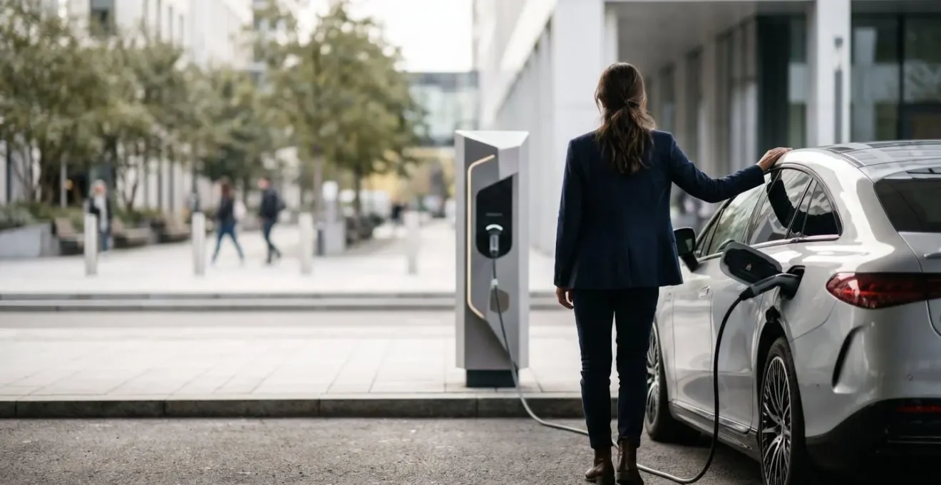 Scène de recharge de véhicule électrique sur une infrastructure publique
