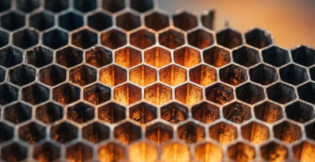 Illustration symbolique montrant le processus de régénération d'un filtre à particules par la chaleur avec gros plan sur des textures métalliques et thermiques