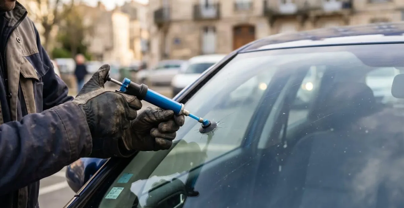 Technicien professionnel effectuant une réparation d'impact sur un pare-brise en extérieur