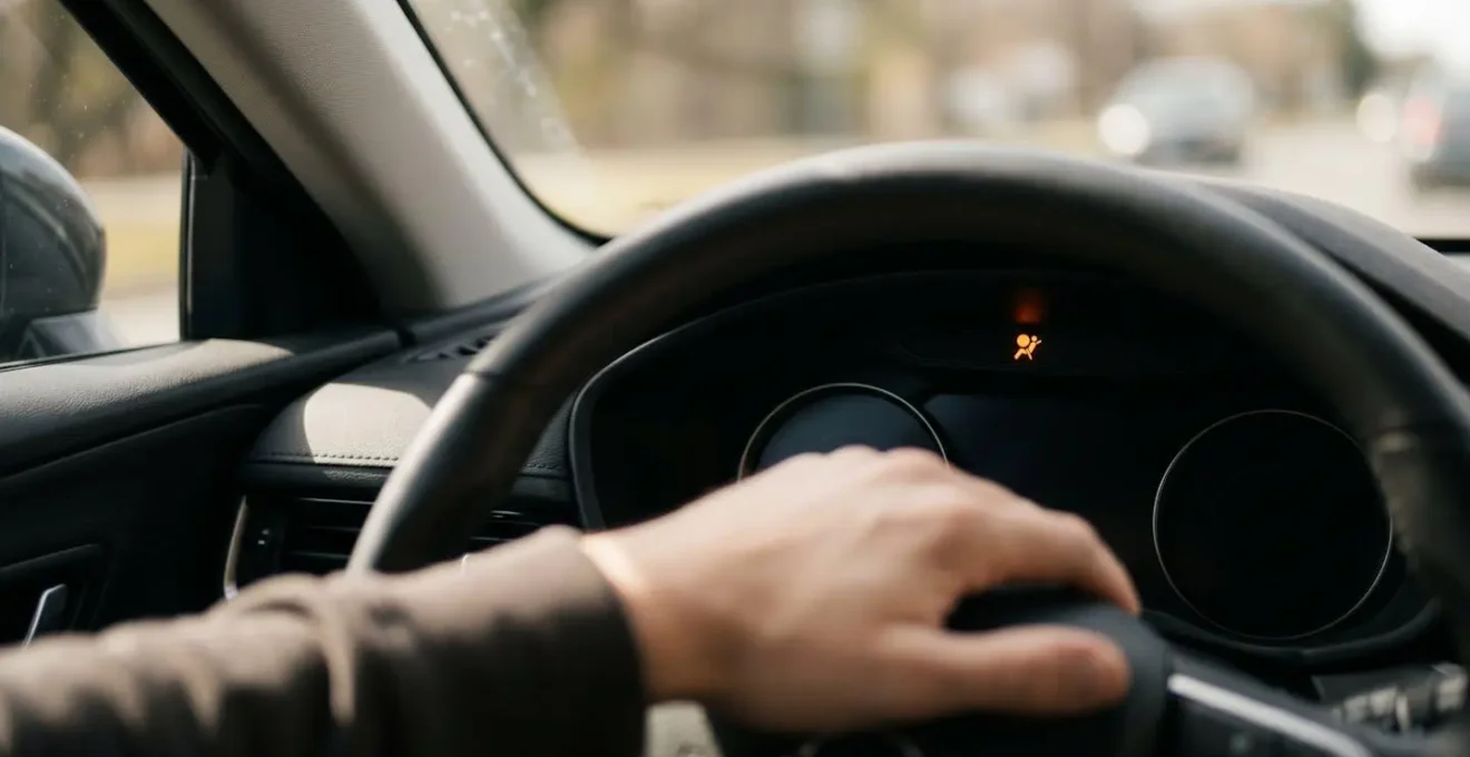 Tableau de bord de véhicule moderne montrant le voyant d'alerte airbag orange illuminé indiquant un dysfonctionnement du système de sécurité