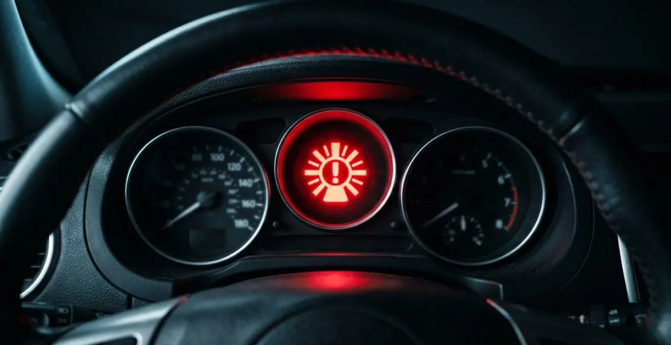 Voyant d'alerte critique illuminé en rouge sur un tableau de bord automobile dans une ambiance dramatique