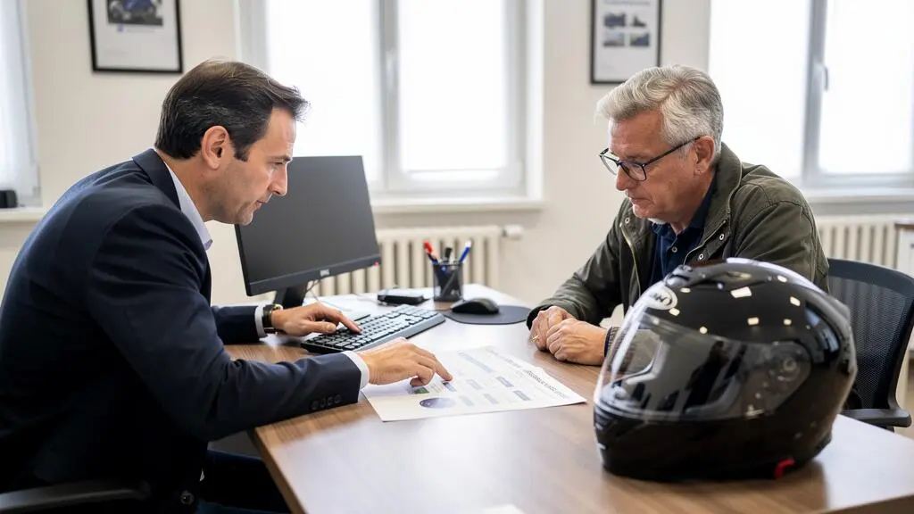 Un assureur explique des garanties à un propriétaire de moto en agence.