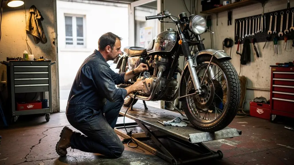 Un mécanicien inspecte la roue avant d'une moto ancienne sur un pont élévateur.